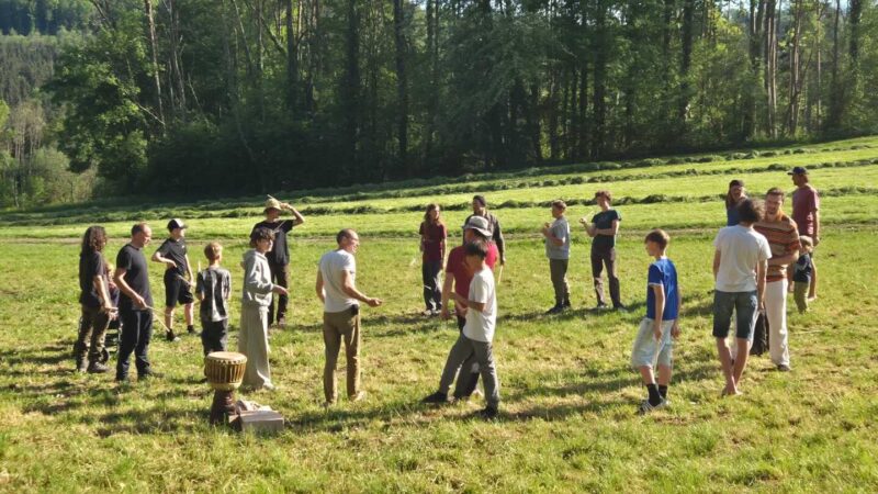 Eine Gruppe von Menschen steht im Kreis auf einer Wiese, einige reden, andere hören zu, im Hintergrund sind Bäume und Sonnenlicht zu sehen.